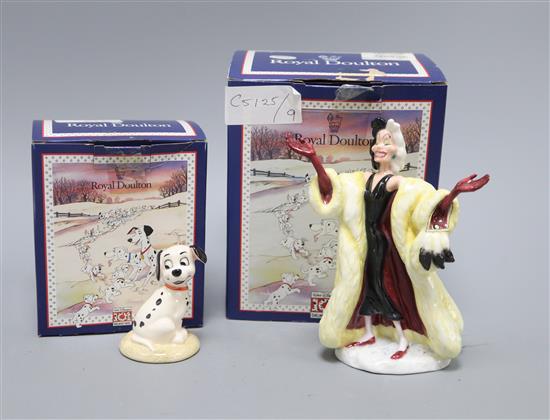 A set of ten Royal Doulton characters from 101 Dalmatians: Lucky, Penny Yawning, Patch in basket, Cruella de vil, Penny and Freckles, P